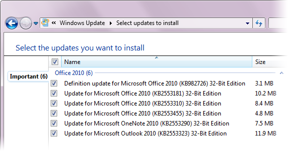 List of available downloads for OneNote 2010 and Office 2010 in Windows Update