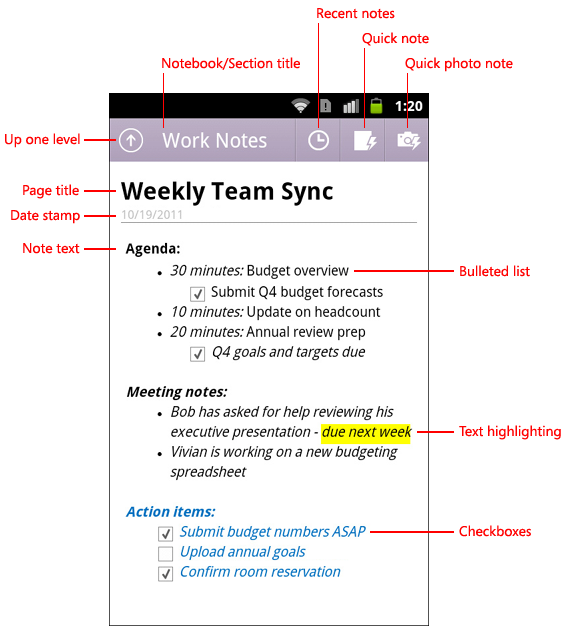 The OneNote for Android interface