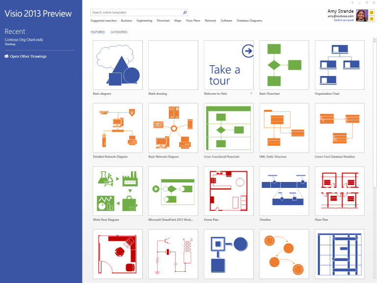 Visio 2013 start screen