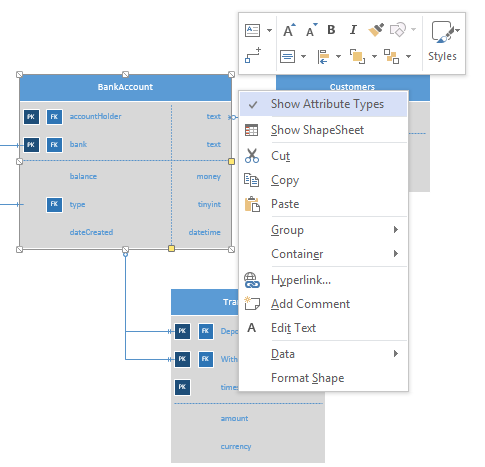 Showing Attributes in right click menu on Visio database notation
