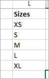 List of size options