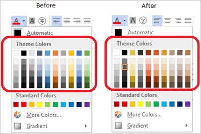 Screenshot of the Theme colors drop down before and after changing the theme