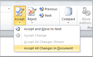 Accept change button on ribbon in Word.