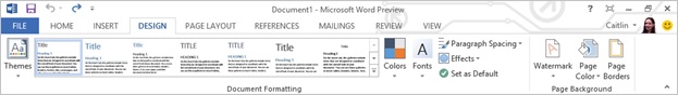 Screenshot of the new design tab in Word