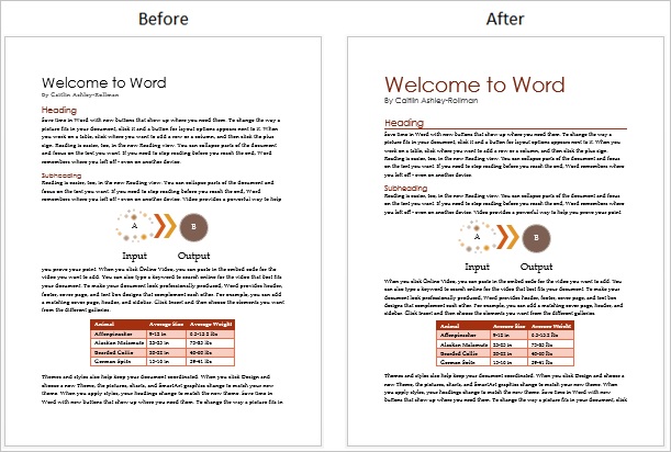 Screenshot of a document before and after a theme color change