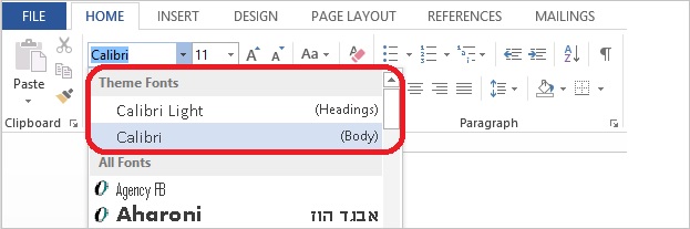 Screenshot of the font drop down on the home tab showing the theme fonts