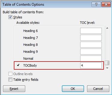 Table of Contents Options dialog box.