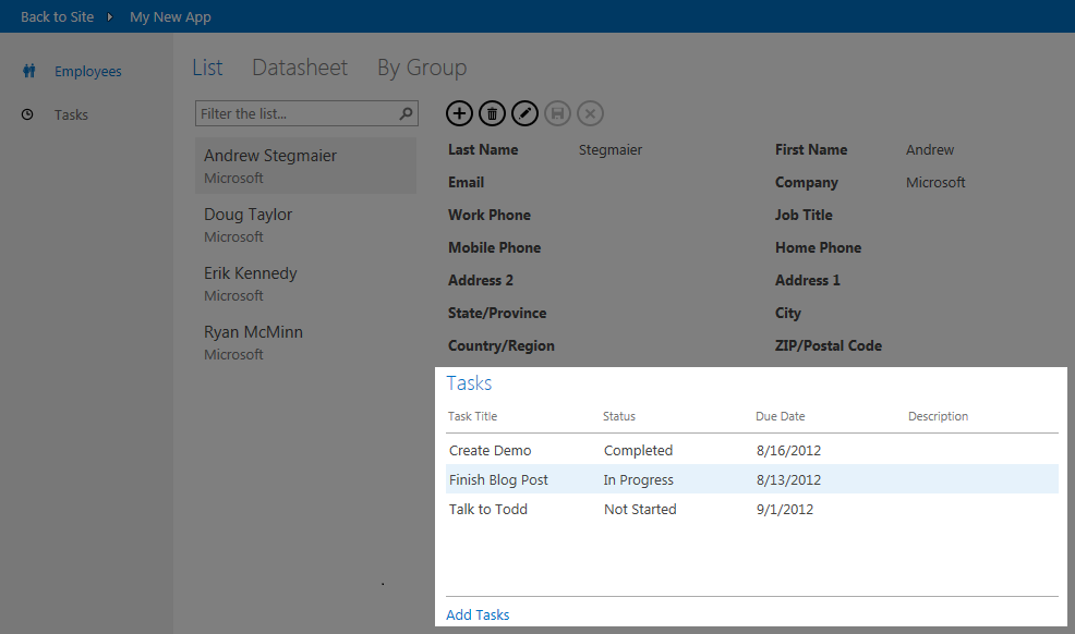 The related items control displays the Tasks assigned to an Employee.