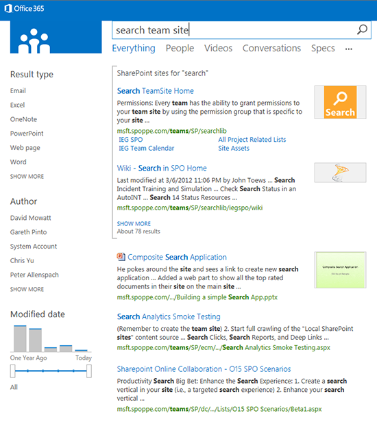 "search team site" written in search bar