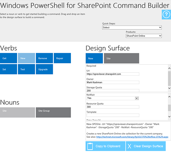 The Windows PowerShell for SharePoint Command Builder showing an example command being generated to perform a New-SPOSite cmdlet.