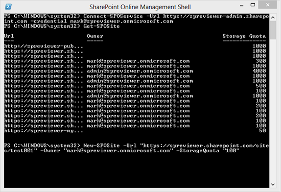 The SharePoint Online Management Shell showing results from a Get-SPOSite cmdlet executed against a SharePoint Online tenancy.