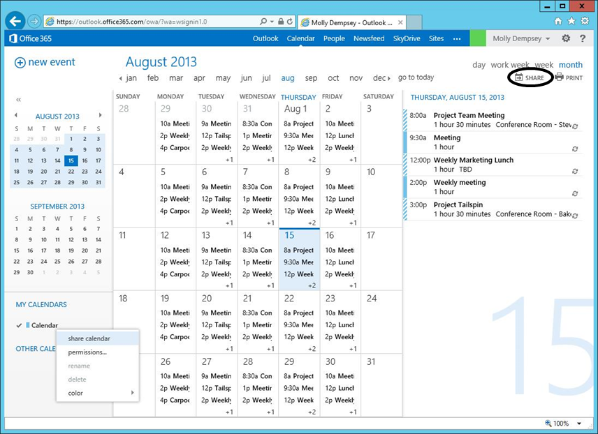 Calendar delegation in Outlook Web App.