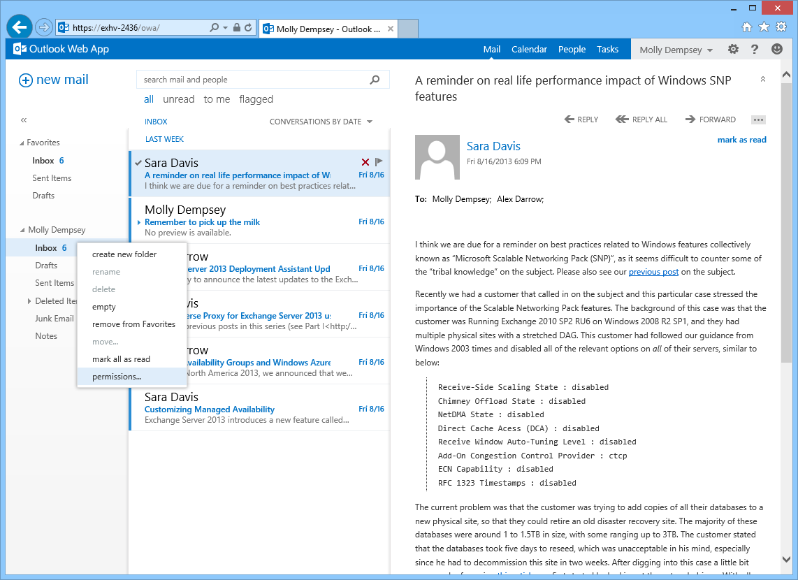 Folder permissions in Outlook Web App.