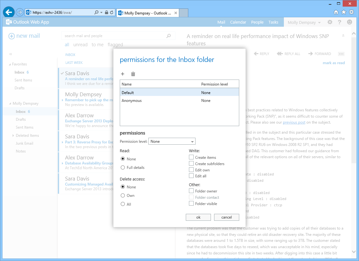 How to bring up the Folder permissions in Outlook Web App