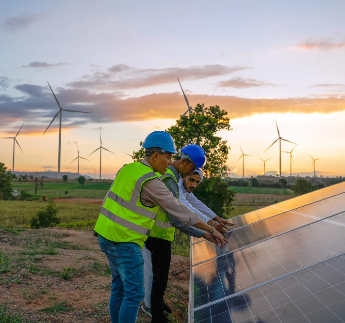 Two workers installing solar panels.