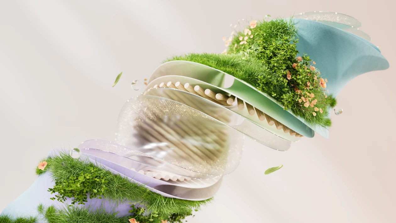 Decorative image of an abstract spiral with greenery and blue and purple elements.