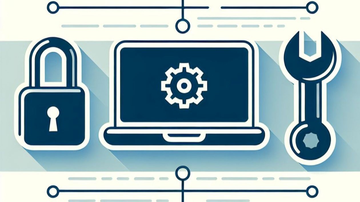 A laptop with a wrench and a lock