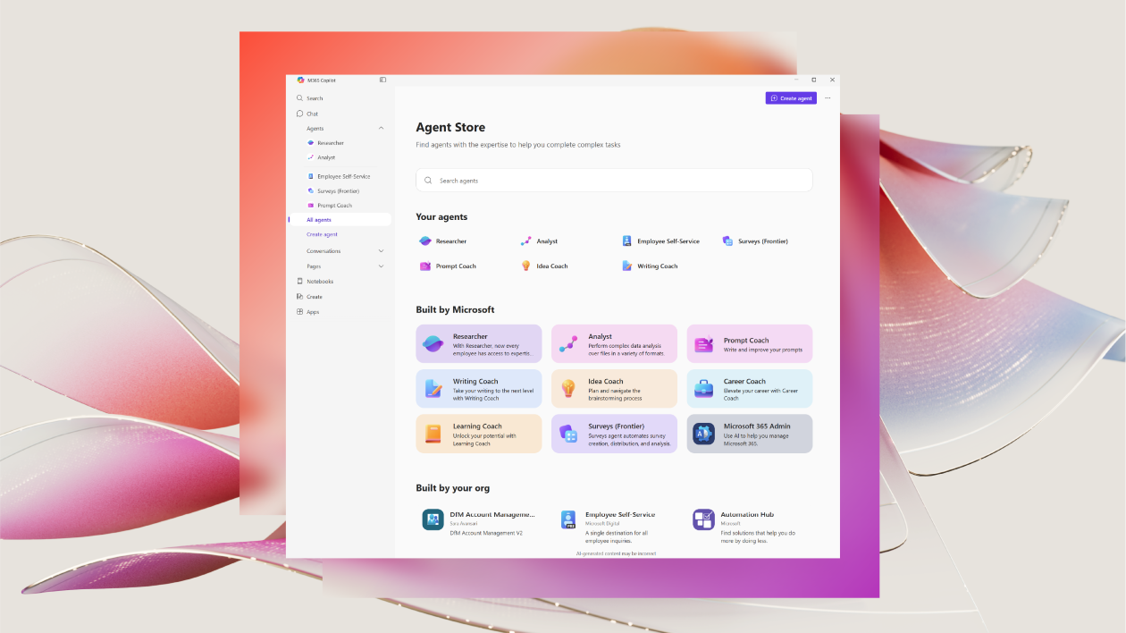 Agent Store UI on a stylized background.