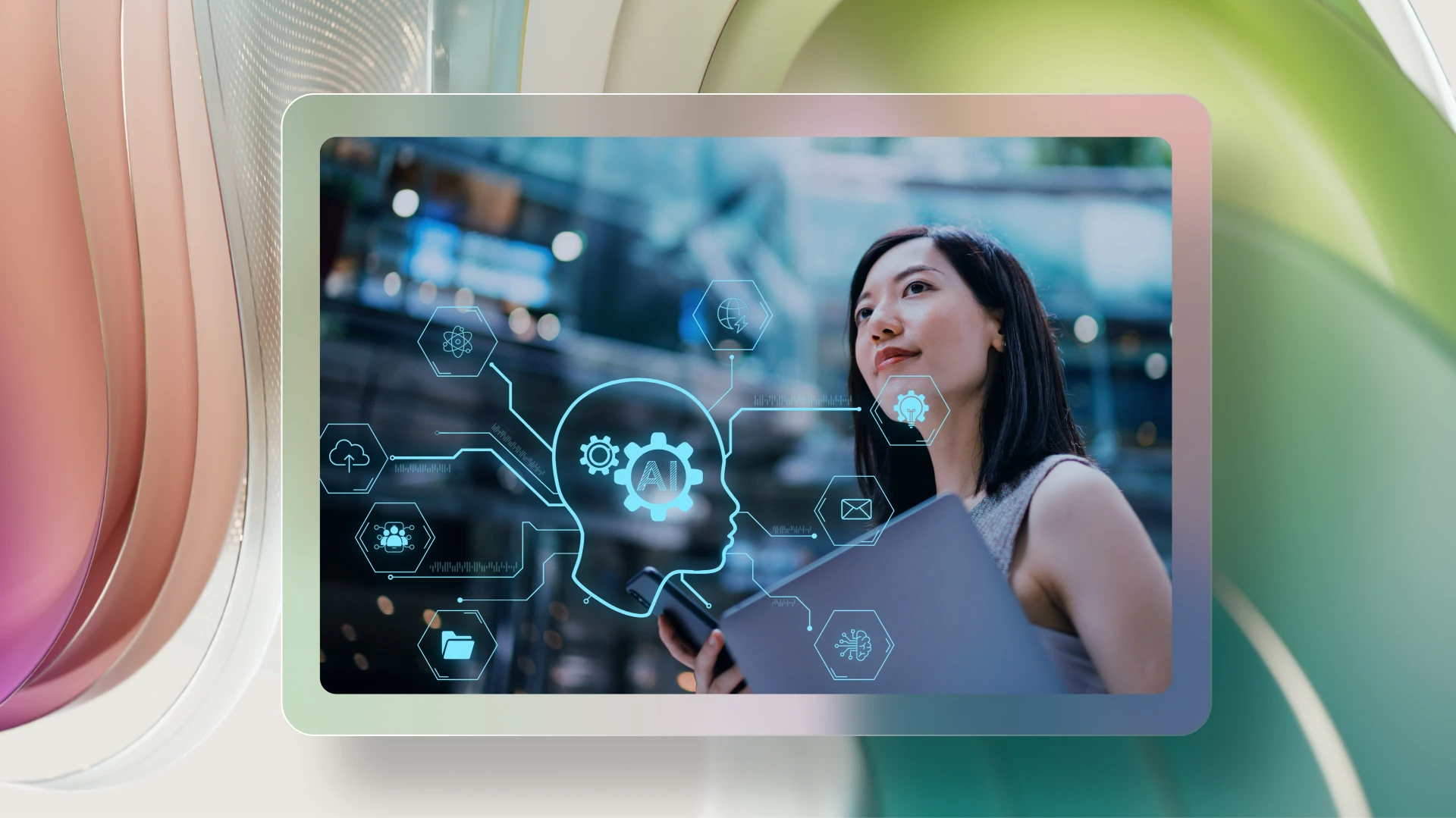 Person looking up to the sky with small AI themed images overlayed.