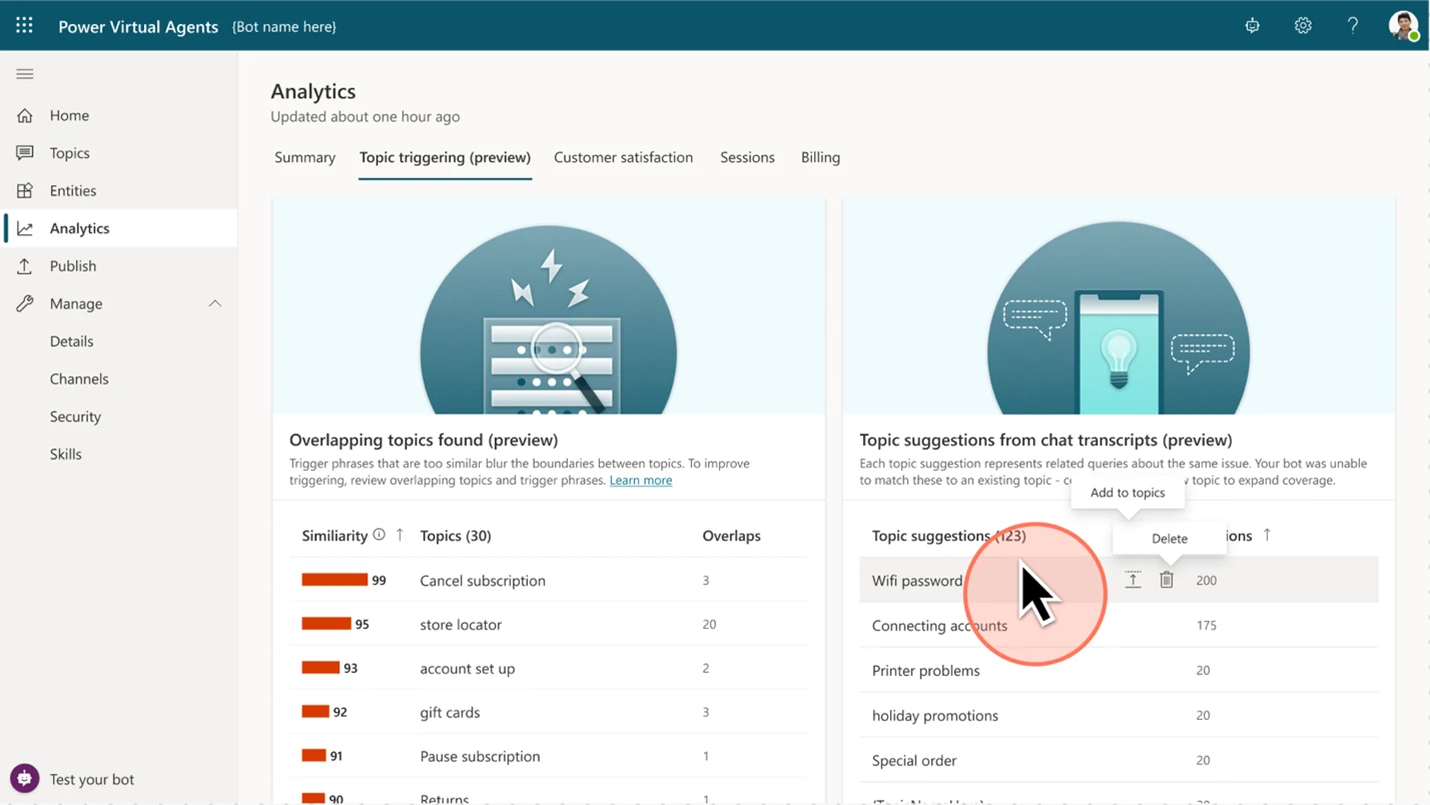 As users chat with the bot, the system will Analyzes chat transcripts for end user queries that don’t trigger a topic, suggest new topics the maker should consider adding that will help you address those gaps. For example, when a lot of users are talking about “Thanksgiving hours”, you should create a topic for this.