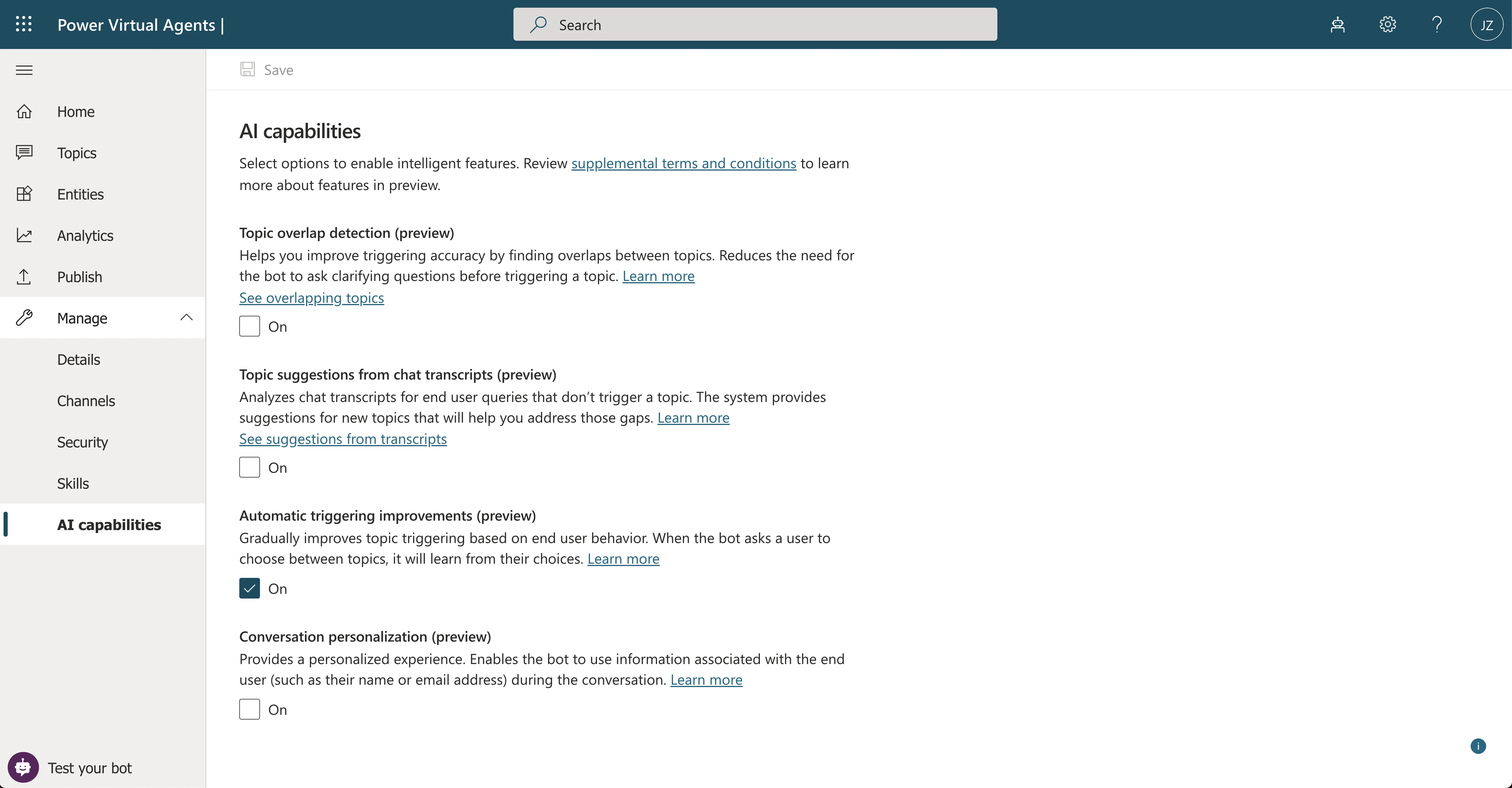 Automatic triggering improvements gradually improves topic triggering based on end user behavior. When the bot asks a user to choose between topics, it will learn from their choices.