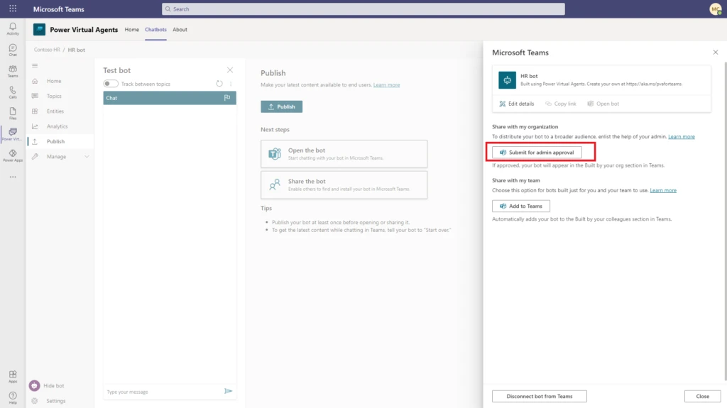 Figure 1 - Submit for admin approval in Power Virtual Agents