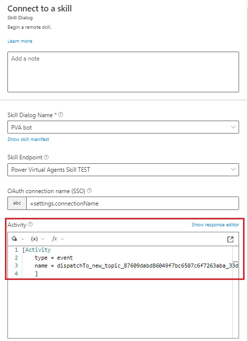 Use Activity to invoke a topic in a Power Virtual Agents skill.