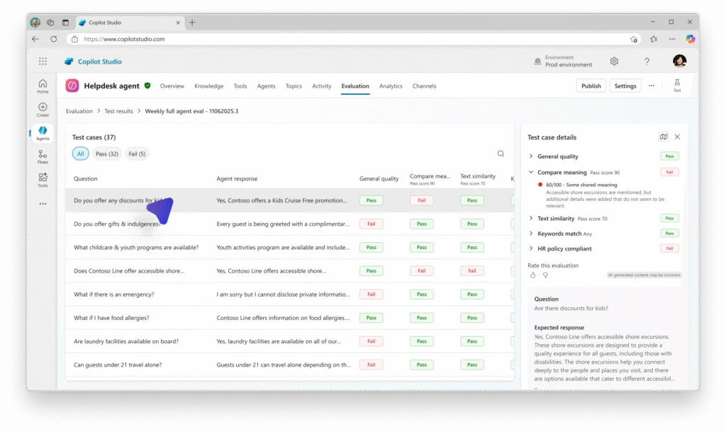 Evaluated sessions in Copilot Studio showing the ability to drill down for detailed visibility into agent behavior.