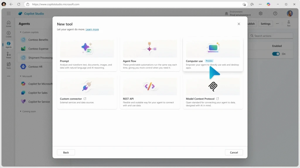 The Tools tab in Microsoft Copilot Studio, with the cursor hovering over Computer use (the top right option in this case).