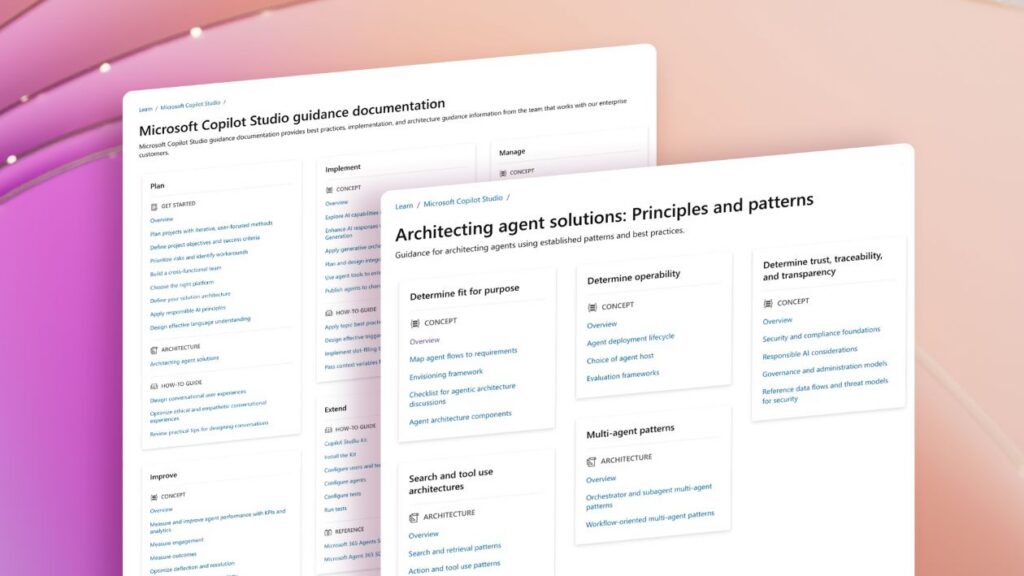 Two staggered webpages showing the Agent Architecture Guidance Hub and the Microsoft Copilot Studio Guidance Hub against a colorful background.