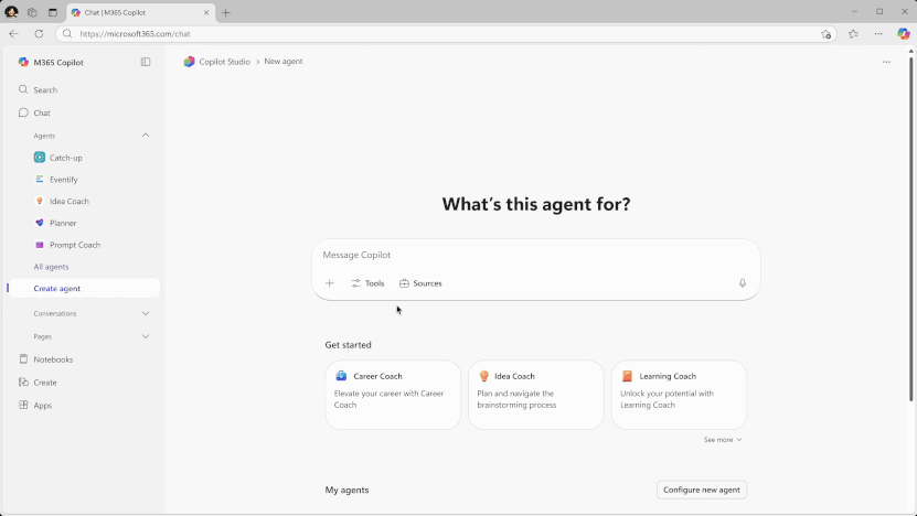 Microsoft Copilot Studio shows a user creating an agent named ‘Project Horizon Tracker’ with options to add tools, sources, and configure capabilities while uploading work content for the agent to access.