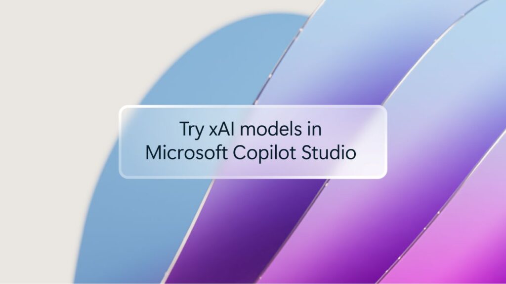 The words try xAI models in Microsoft Copilot Studio appearing on a blue, magenta, and purple background.