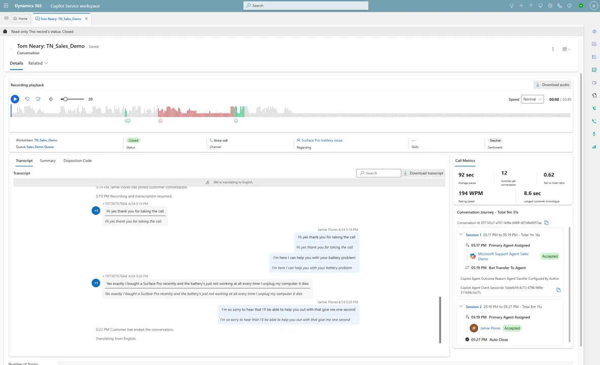 Real-time voice agent in Dynamics 365 Contact Center.
