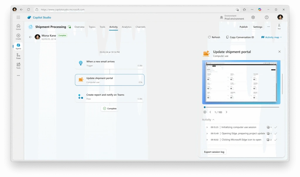 Step-by-step time-stamped monitoring of a computer-using agent’s workflow. Timestamps show the session initializing, preparing a project update, and clicking the Microsoft Edge icon to open.