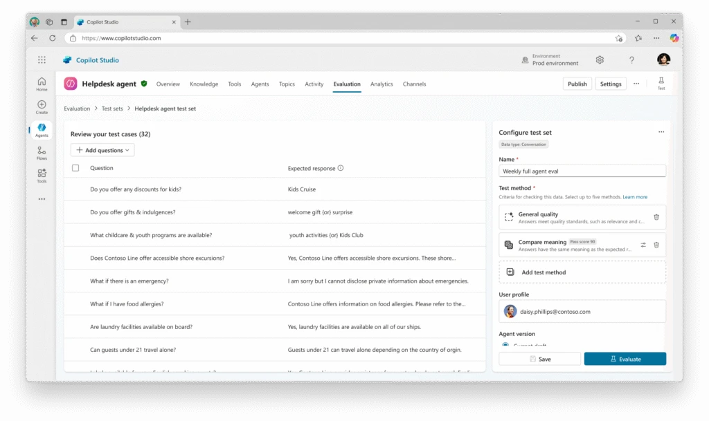 The &ldquo;Configure test set&rdquo; pane in the Evaluation tab of an agent in Copilot Studio, showing a variety of tasks to test at once.