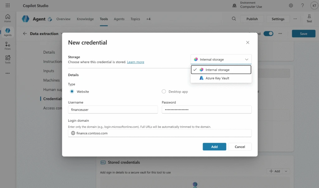 The “Credentials” tab in a computer-using agent, showing a pop-up box to add a new credential. There is a drop-down menu for Storage with two options: Internal storage and Azure Key Vault.