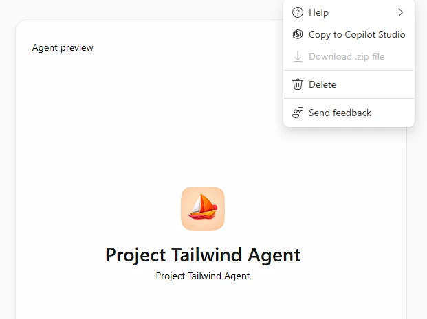 The &ldquo;Copy to Copilot Studio&rdquo; menu option inside an Agent Builder agent.