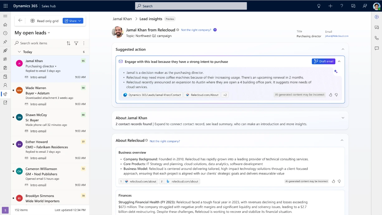 A screenshot of the Lead insights agent within the Dynamics 365 Sales hub showcasing information on a lead.