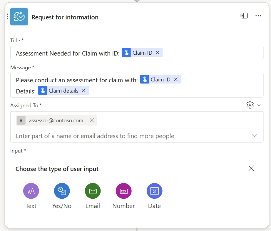 A screenshot showing configurable fields in the request for information action