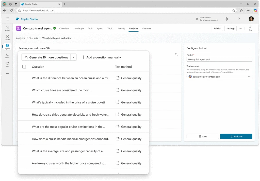 A helpdesk agent in Copilot Studio where the user is configuring test sets
