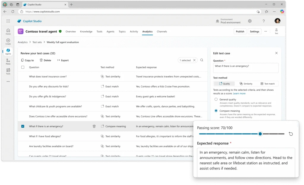 A helpdesk agent in Copilot Studio where the user is editing a test case to define the passing score