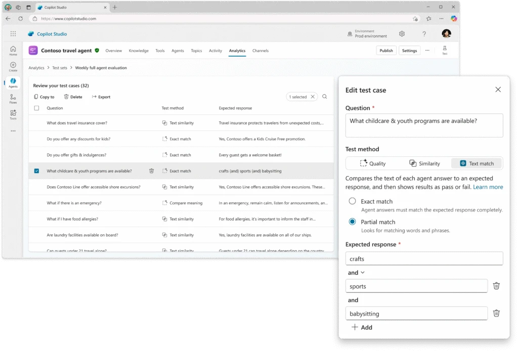 A helpdesk agent in Copilot Studio where the user is reviewing test cases
