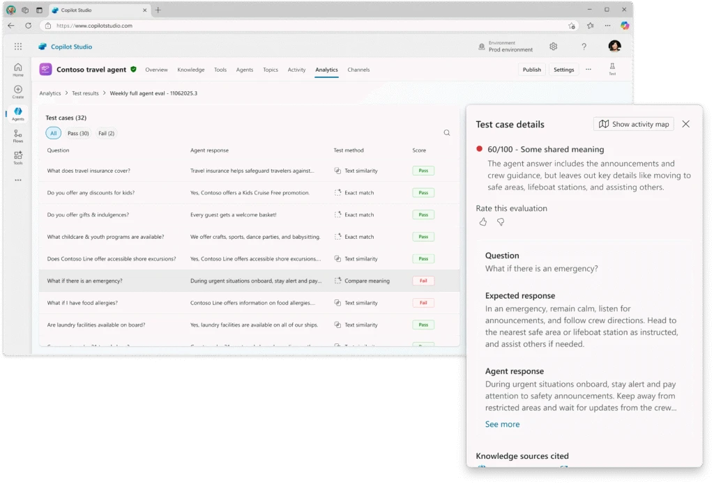 A helpdesk agent in Copilot Studio where the user is reviewing the results of a test case