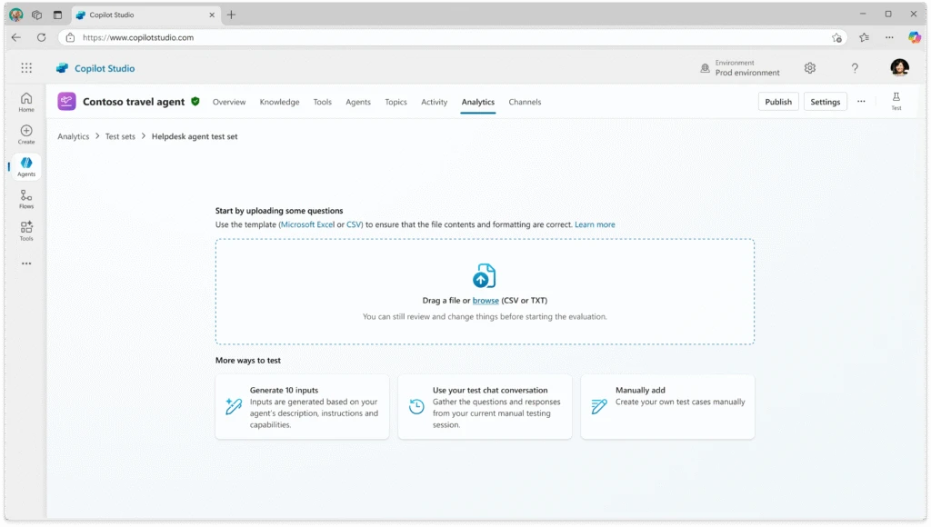 A Helpdesk agent in Copilot Studio, asking the user to start by importing a file