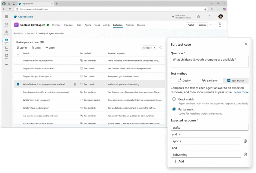 A helpdesk agent in Copilot Studio where the user is reviewing test cases