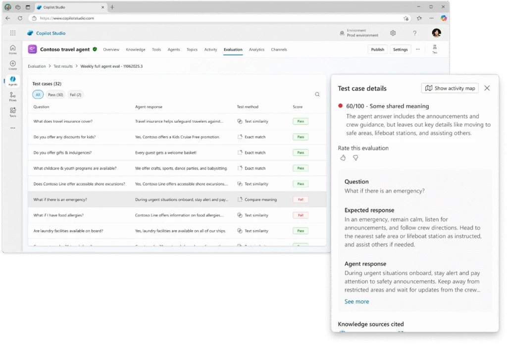 A helpdesk agent in Copilot Studio where the user is reviewing the results of a test case