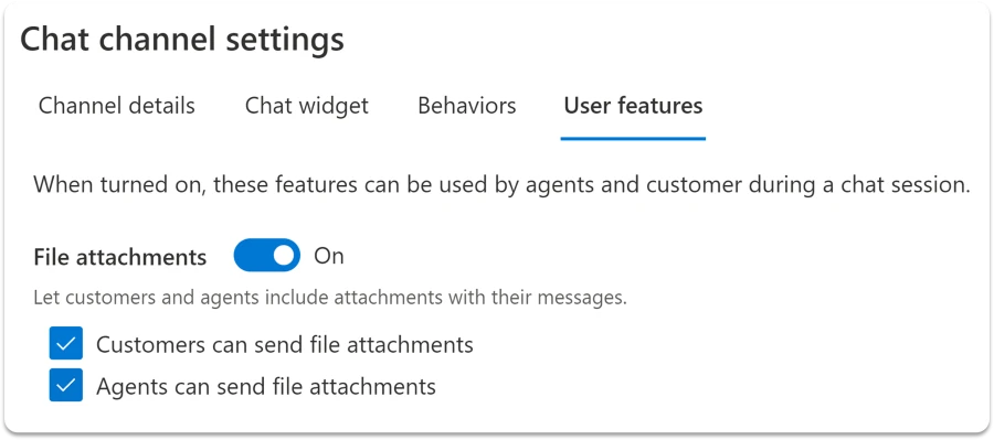 A screenshot of a customer's agent chat channel settings. It shows the toggle for "File Attachments" toggled on.