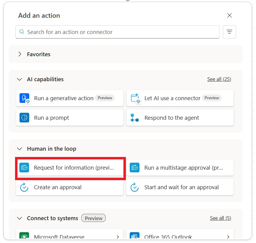 Screenshot showing human-in-the-loop options, highlighting the automated “request for information” that gets sent to a person for verification