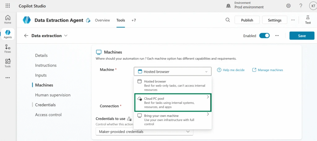 The “Machines” tab in a computer-using agent, showing drop-down options for hosted browser, Cloud PC pool, or bring-your-own machine. The Cloud PC pool option is highlighted.