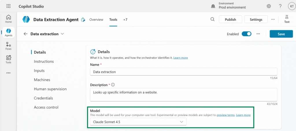 The “Details” tab in a computer-using agent, highlighting the Model section. The highlighted model is Claude Sonnet 4.5.